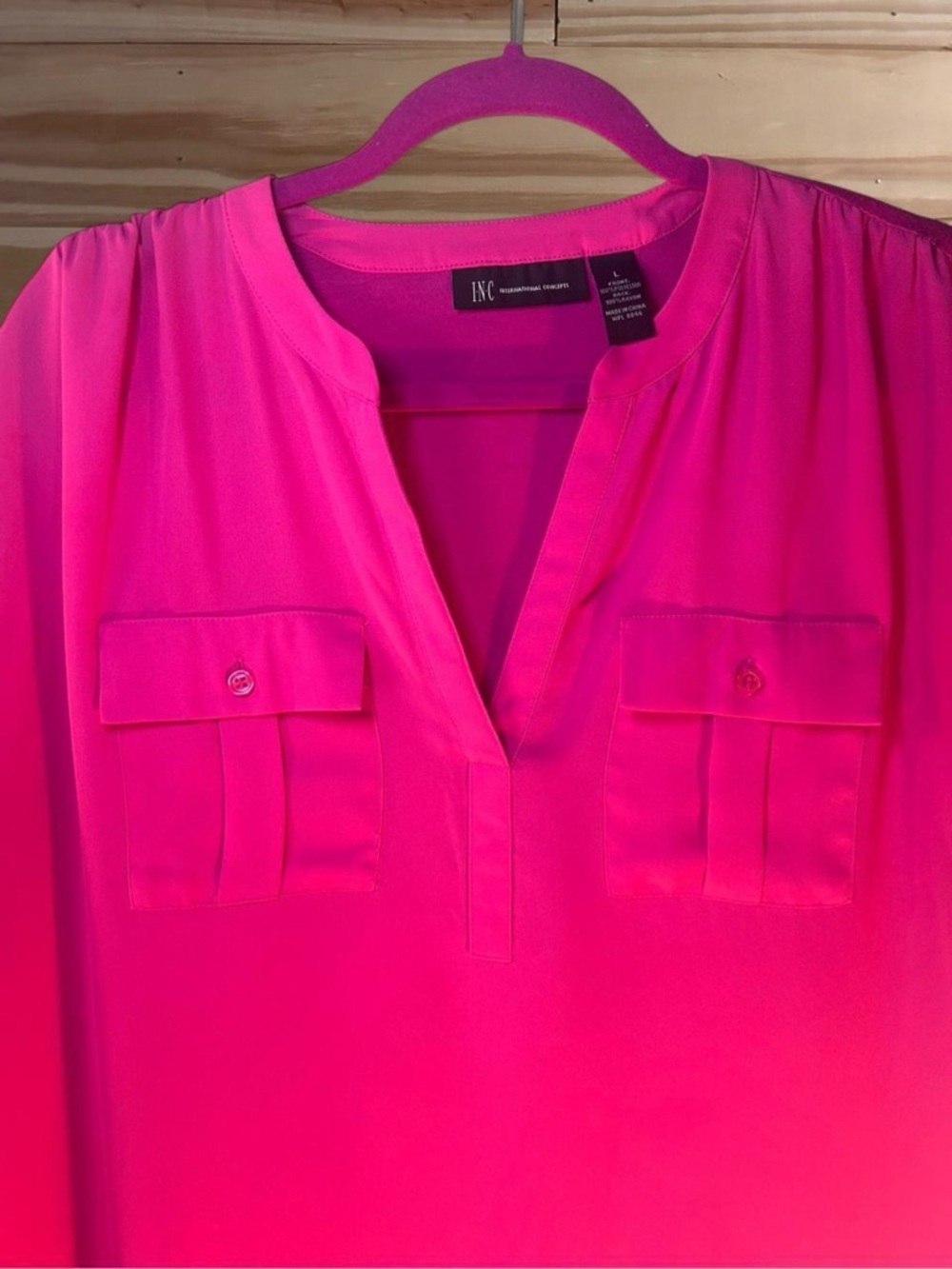 INC International Concepts Pink Notch Neck Pocket Dress Shirt size L